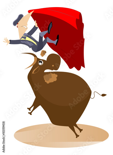 Bullfight. Bull raised the bullfighter by horns
