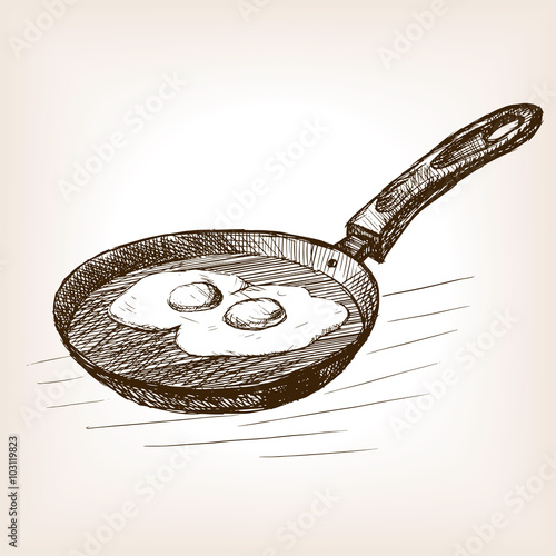 Pan with eggs hand drawn sketch style vector