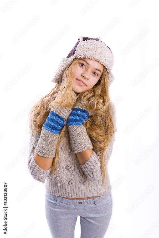 beautiful young blond woman in a hat on a white background beautiful young blond woman in a hat on a white background