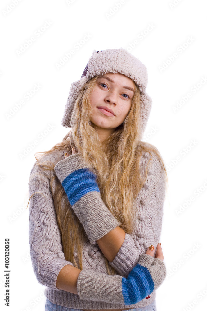 beautiful young blond woman in a hat on a white background beautiful young blond woman in a hat on a white background
