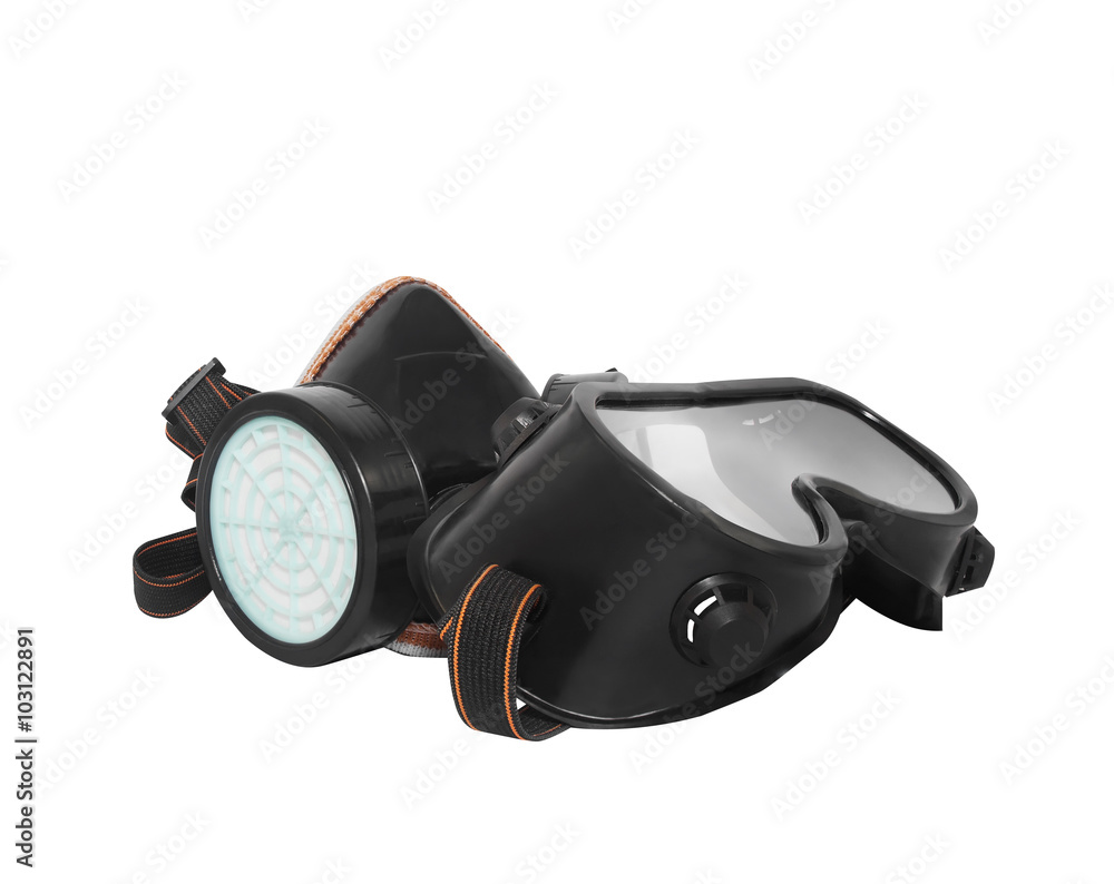 Naklejka premium Isolated black rubber worker mask & glasses angle view.