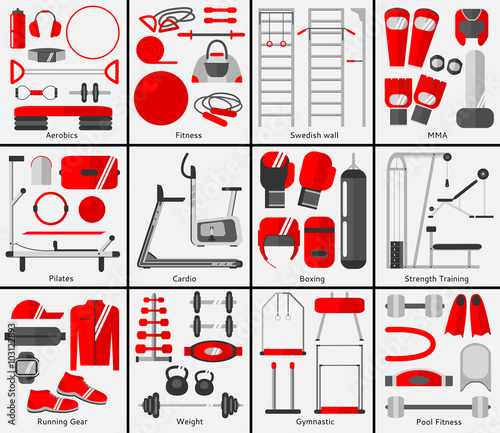 Sports club icons set. Fitness equipment. Gym icons.