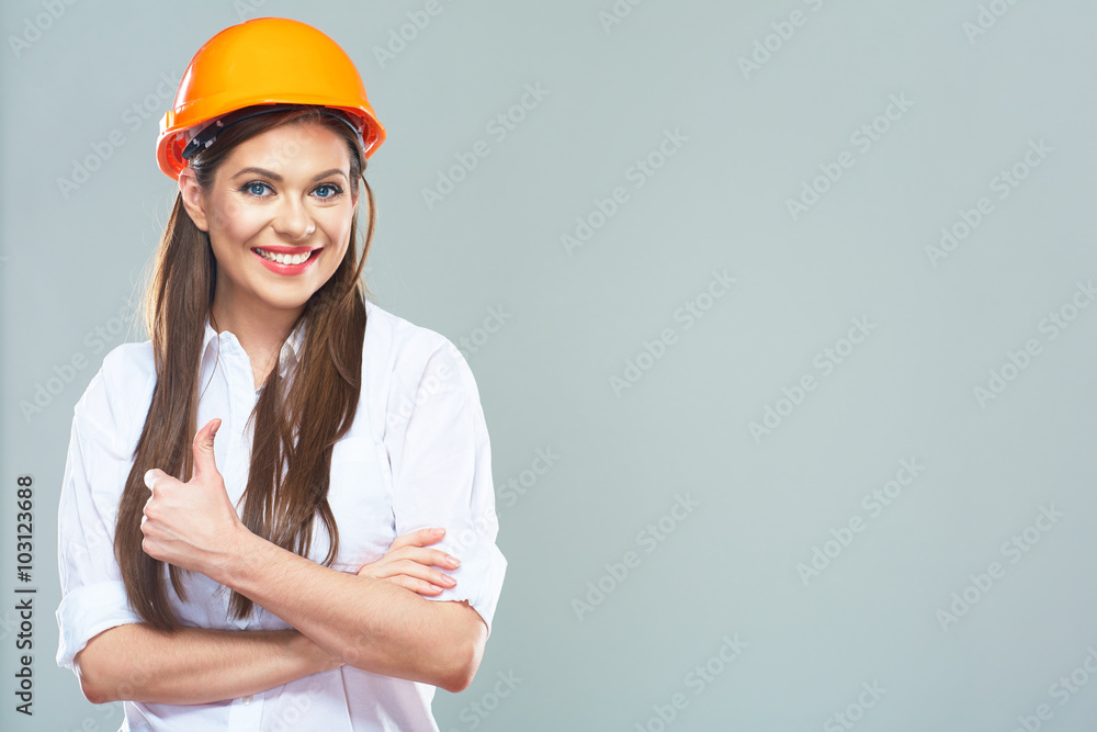 Portrait of smiling woman estate advisor show thumb up Portrait of smiling woman estate advisor show thumb up