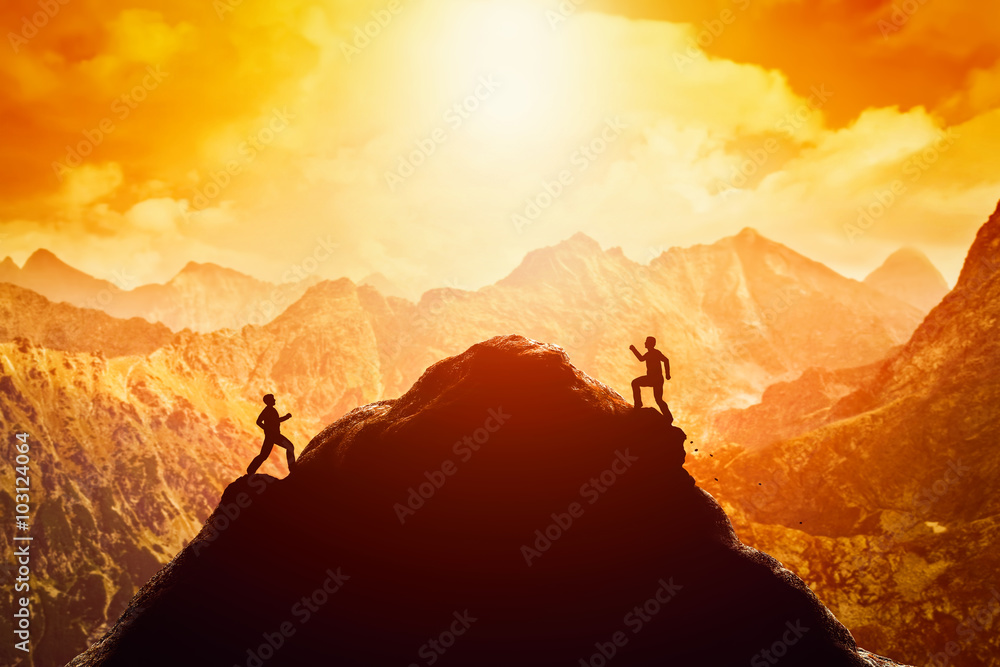 Two men running race to the top of the mountain. Competition, rivals, challenge
