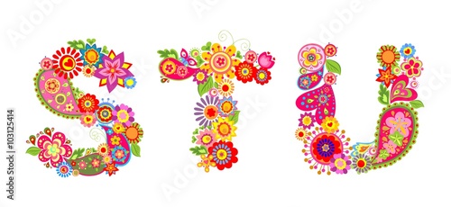 Floral alphabet with letter S, T, U
