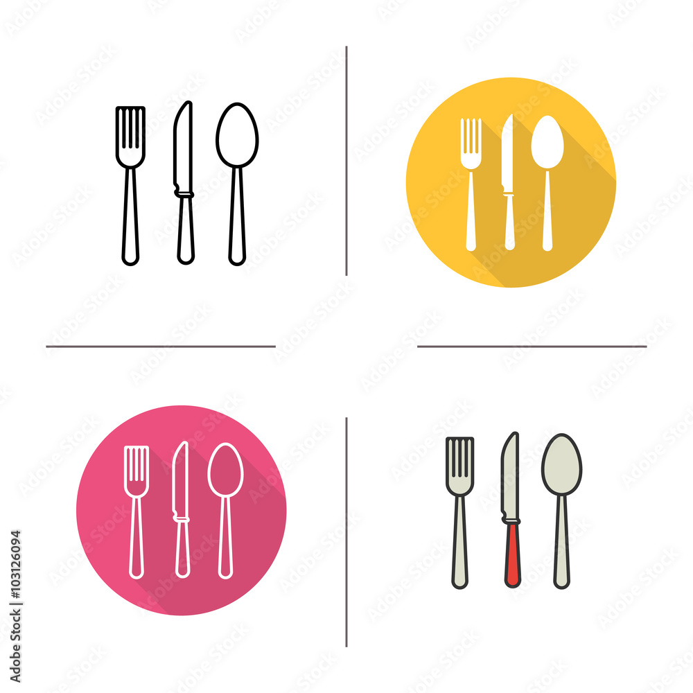Cutlery flat design, linear and color icons set Cutlery flat design, linear and color icons set
