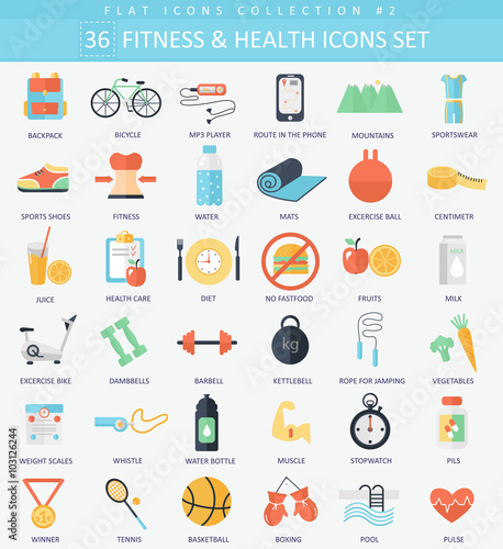 Vector fitness and health Flat icon set. Elegant style design