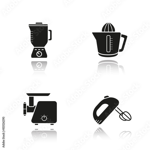 Kitchen tools drop shadow black icons set.