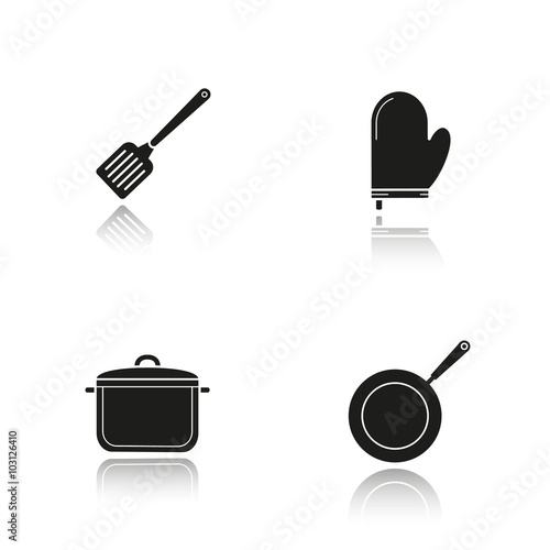 Kitchenware drop shadow black icons set