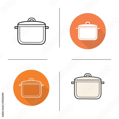 Stew pot flat design, linear and color icons set