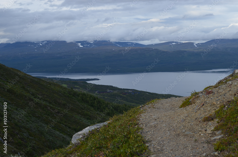 Hiking trail and mountain river in subarctic tundra valley, Swedish Lapland