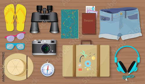 Set of travel exploring equipment stuff and tools set.