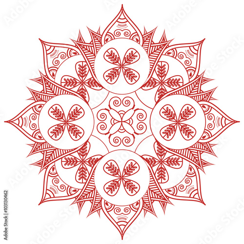 Asian culture inspired  wedding makeup  henna tattoo decoration floral shape with leaves in red and red symbolizing happiness, love and spiritual life, zen , inner peace, feng shui 
