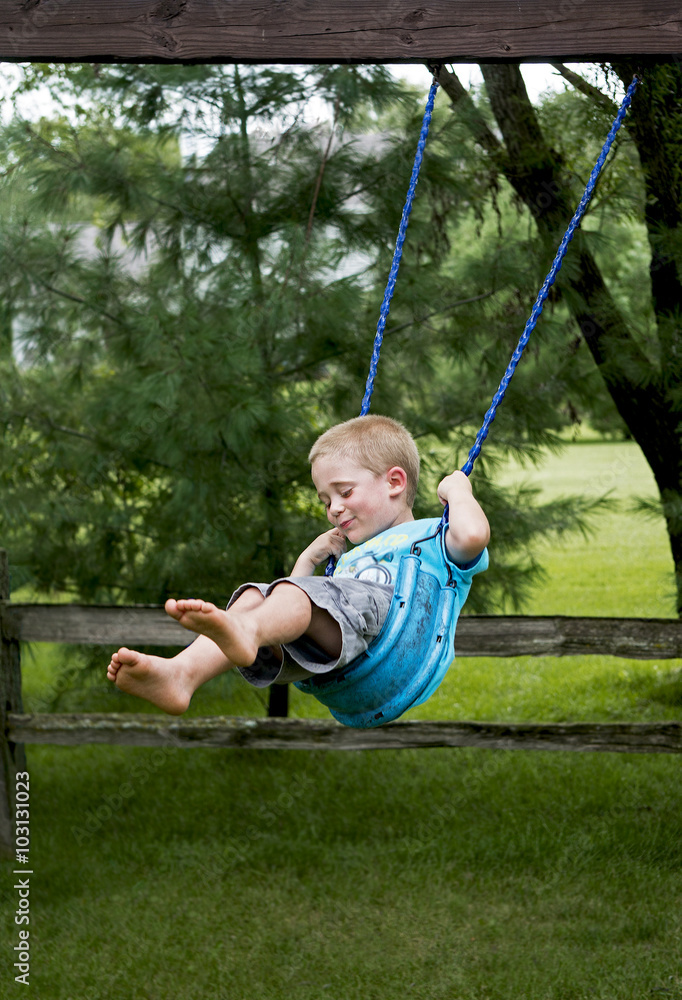 Boy playing on a backyard tire swing