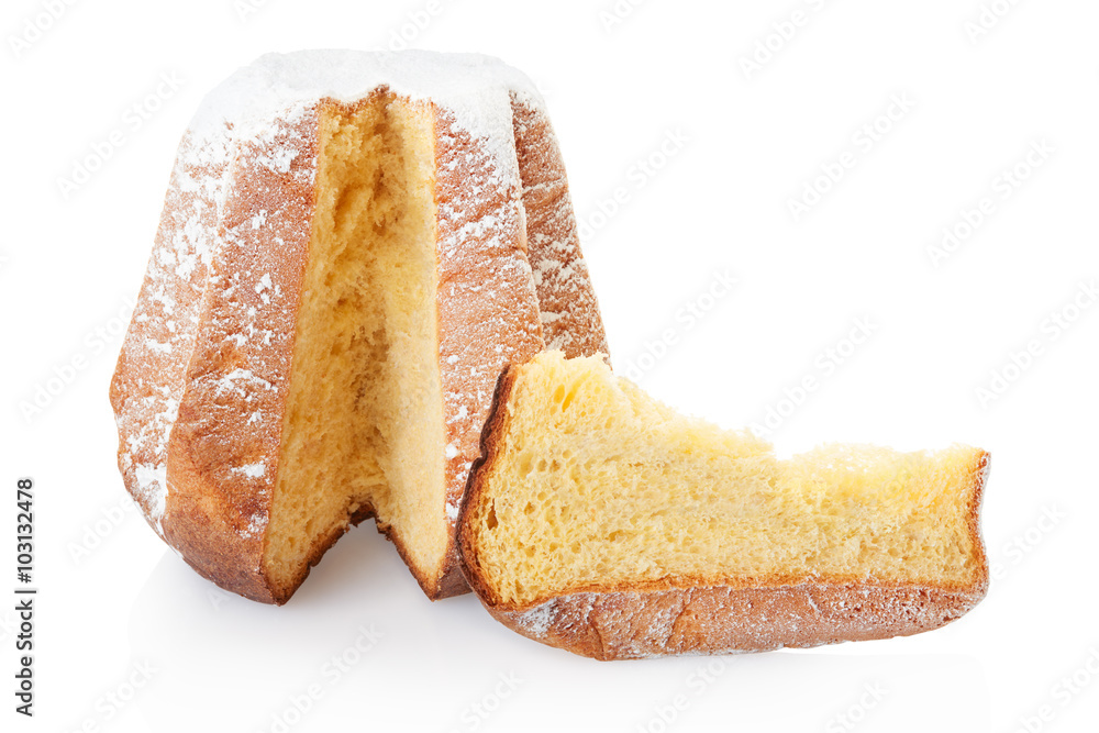 Pandoro, Christmas cake and portion with icing sugar on white, clipping path Pandoro, Christmas cake and portion with icing sugar on white, clipping path