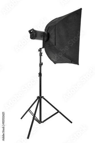 Studio flash with softbox and stand on white, clipping path