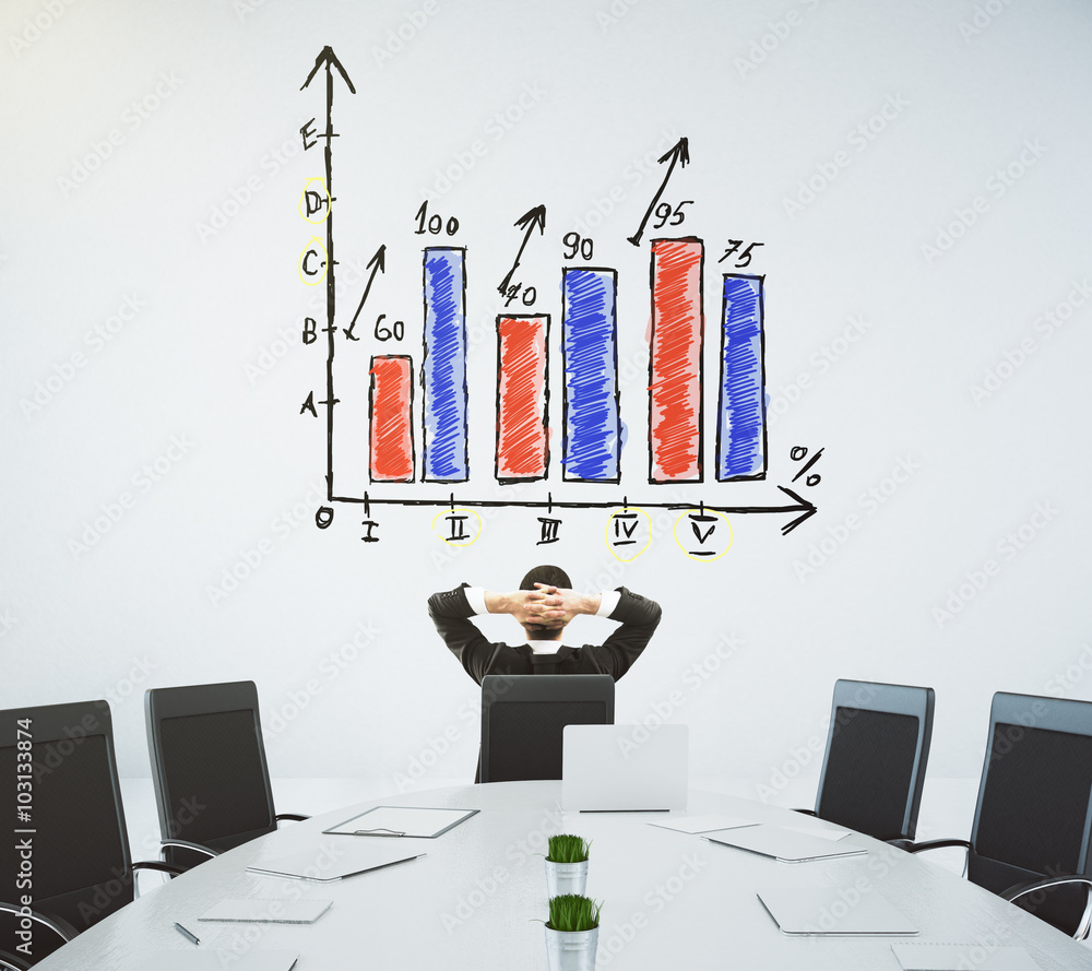 Businessman looking at a growing graph on the wall Businessman looking at a growing graph on the wall