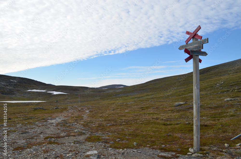 Wooden pole with trail marks on a mountain slope, subarctic mountains, Swedish Lapland Wooden pole with trail marks on a mountain slope, subarctic mountains, Swedish Lapland