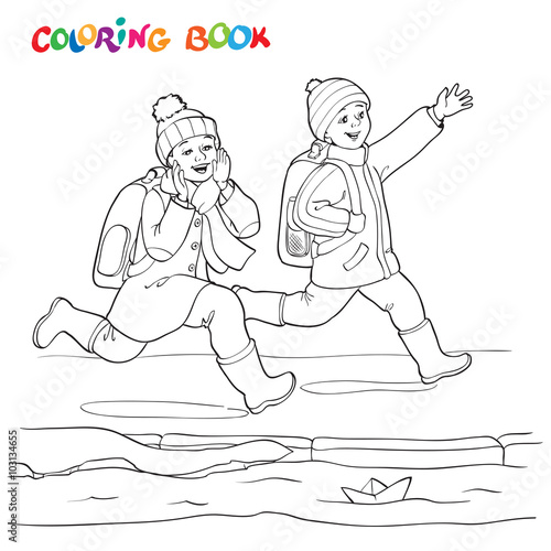 Coloring book or page. Two joyful boy running along the puddles of paper boats - vector illustration.
