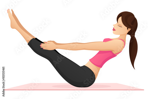 Vector illustration of a woman practicing yoga, performing the boat pose.