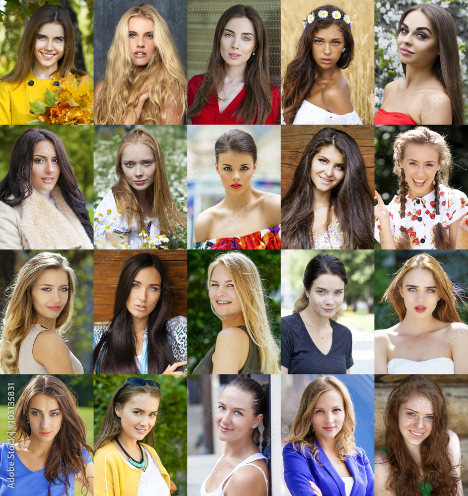 Collage of beautiful young women between eighteen and thirty yea Collage of beautiful young women between eighteen and thirty yea