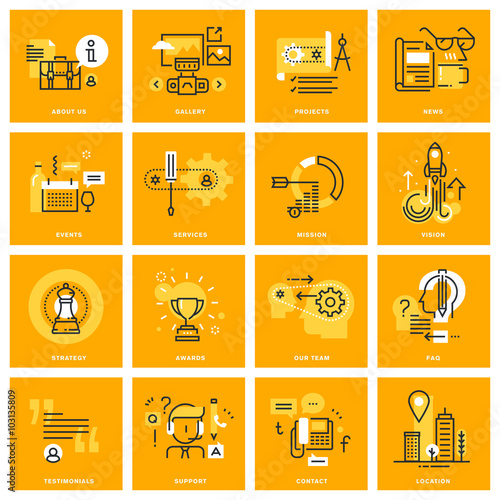 Thin line web icons of business essentials, company information, contact and communication, online support, services. Vector illustration concepts for graphic and web design.