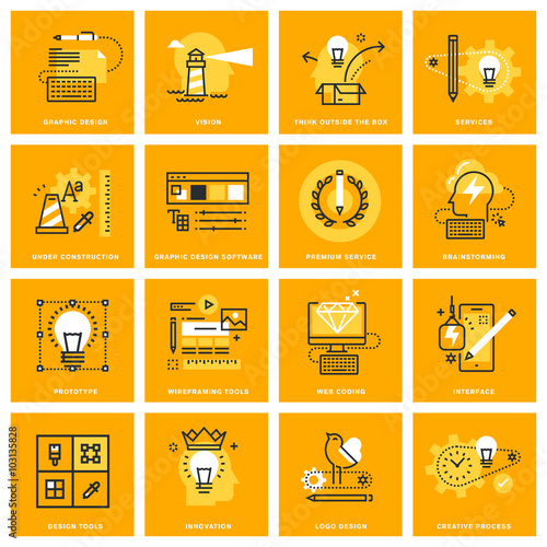Thin line web icons of design services and tools, web and app development process and tools. Vector illustration concepts for graphic and web design.