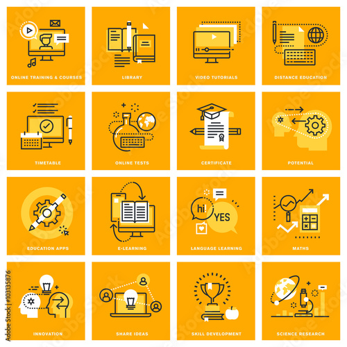Thin line web icons of e-learning, video tutorials, online courses, e-book and library. Vector illustration concepts for graphic and web design.