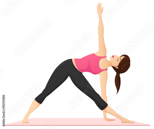 Vector illustration of a woman practicing yoga, performing the triangle pose.