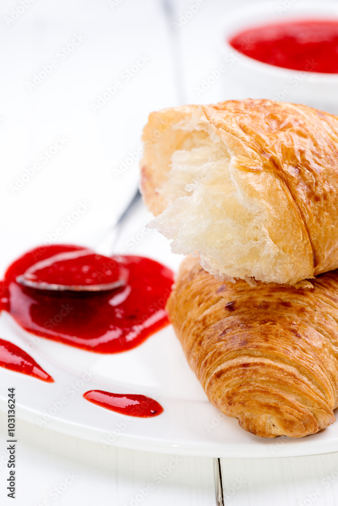 Close up strawberry jam croissant Close up strawberry jam croissant