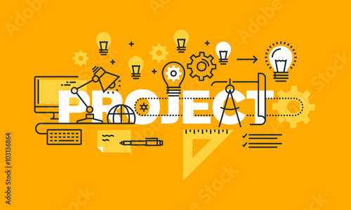 Thin line flat design banner for project web page, project management, presentation of products and services, portfolio of work. Vector illustration concept for website and mobile website banners