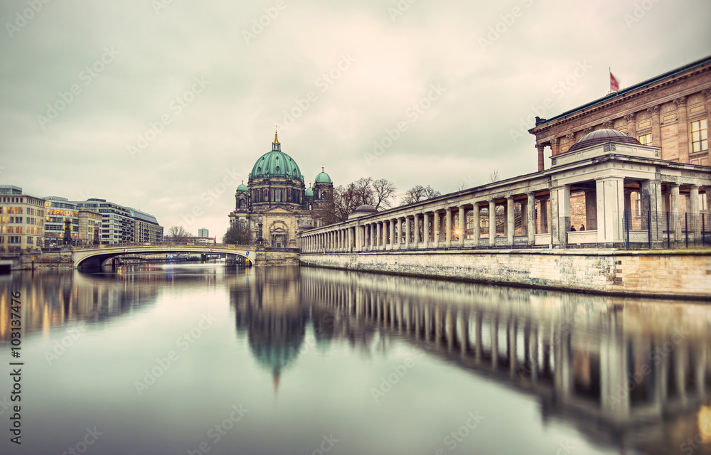 Berlin Cathedral (Berliner Dom) and Museum Island (Museumsinsel) reflected in Spree River, Berlin, Germany, Europe, vintage filtered style