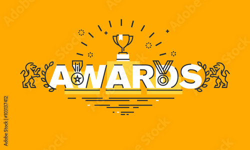 Thin line flat design banner for awards web page, information about awards for the quality of products and services, humanitarian work, success in business. Vector illustration concept.