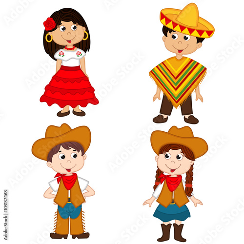 set of isolated children of Mexican and cowboy nationalities - vector illustration, eps
