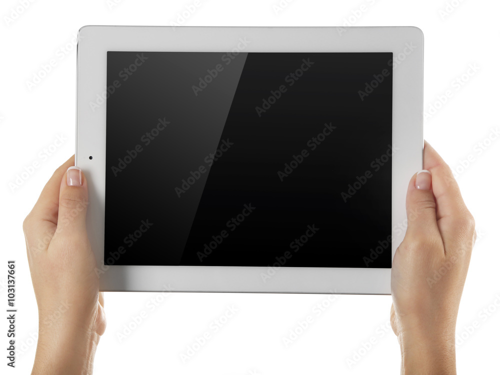 White tablet in hands isolated on white background White tablet in hands isolated on white background