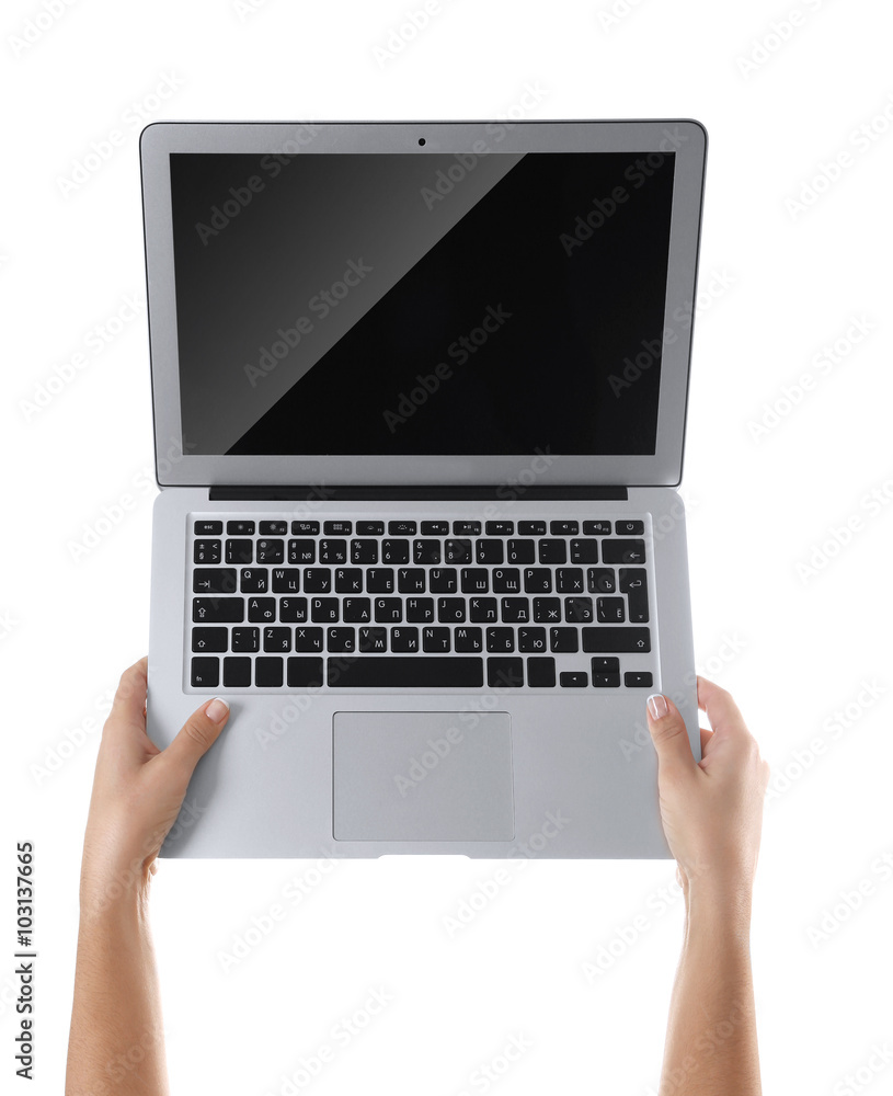 Modern laptop in hands isolated on white background Modern laptop in hands isolated on white background