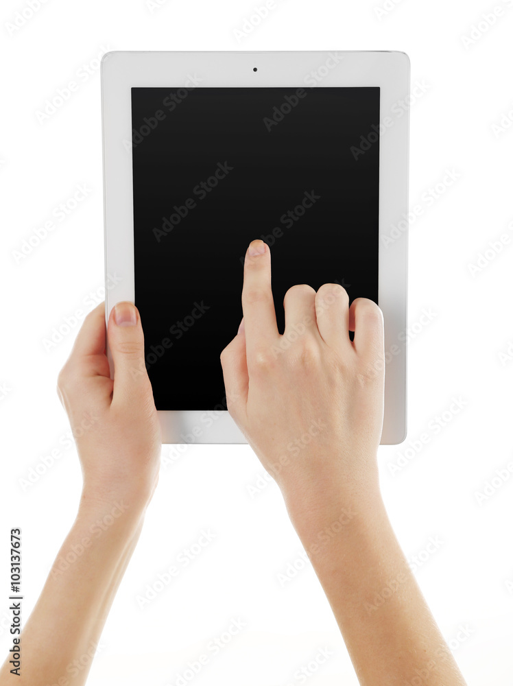 White tablet in hands isolated on white background