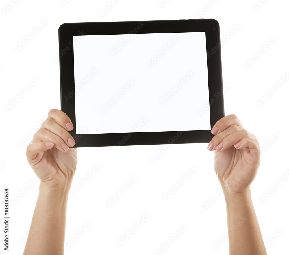 Black tablet in hands isolated on white background Black tablet in hands isolated on white background