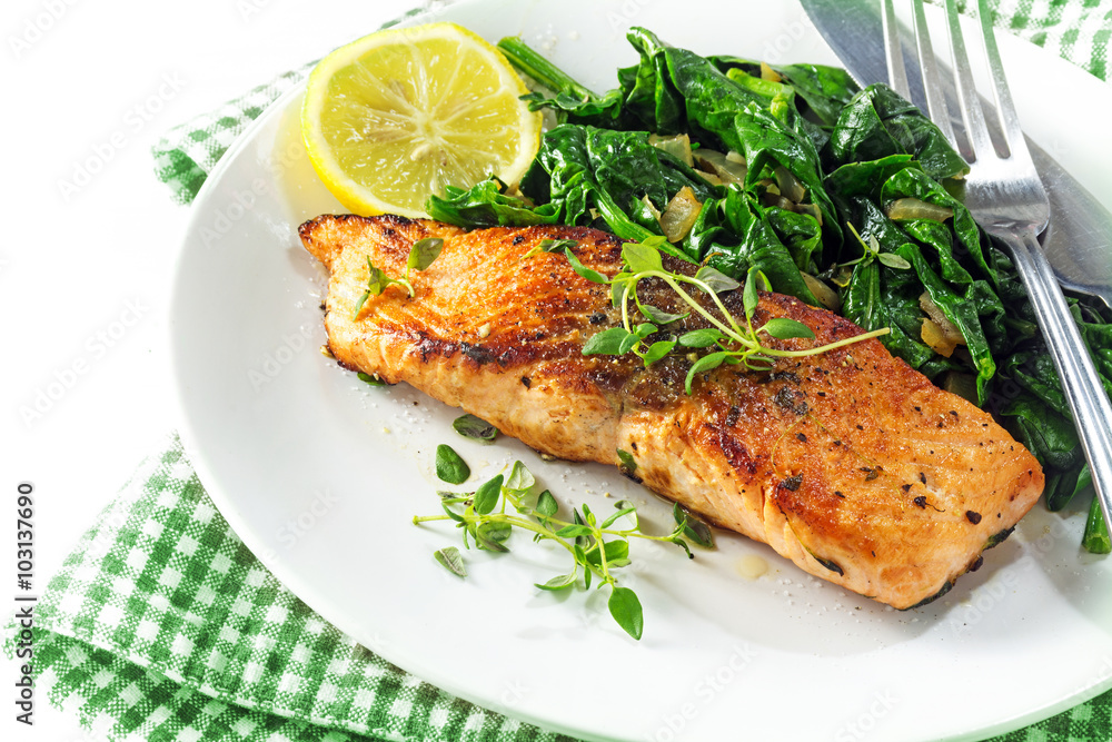 grilled salmon with thyme, lemon and spinach, vegetarian low car grilled salmon with thyme, lemon and spinach, vegetarian low car