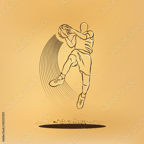 Basketball. The player jumping with the ball. Vector retro illustration on old paper.