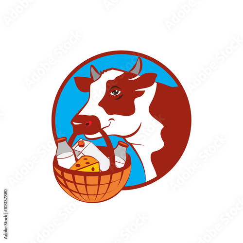 Cow hold in it mouth basket with milk products