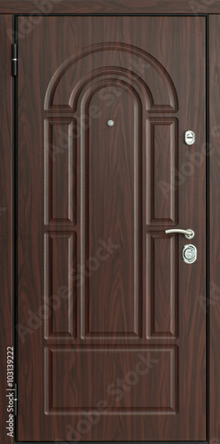 The iron door with a wooden pattern.
