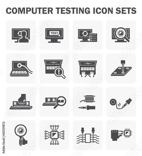 Computer testing vector icon. Include pc, laptop, technician, equipment tool, hardware and component. To maintenance service consist of upgrade, virus and error scan, check, fix or damage repair.