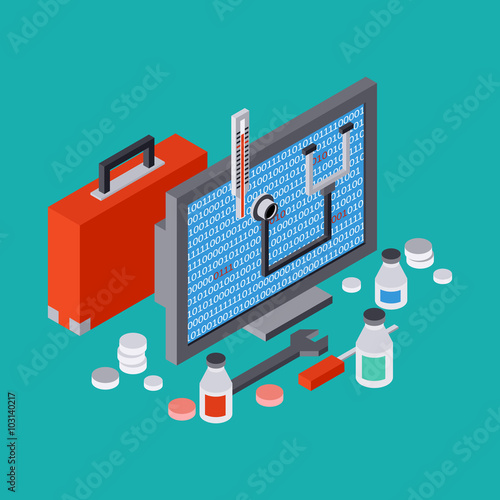 Computer service, repair, technical support, first aid vector concept