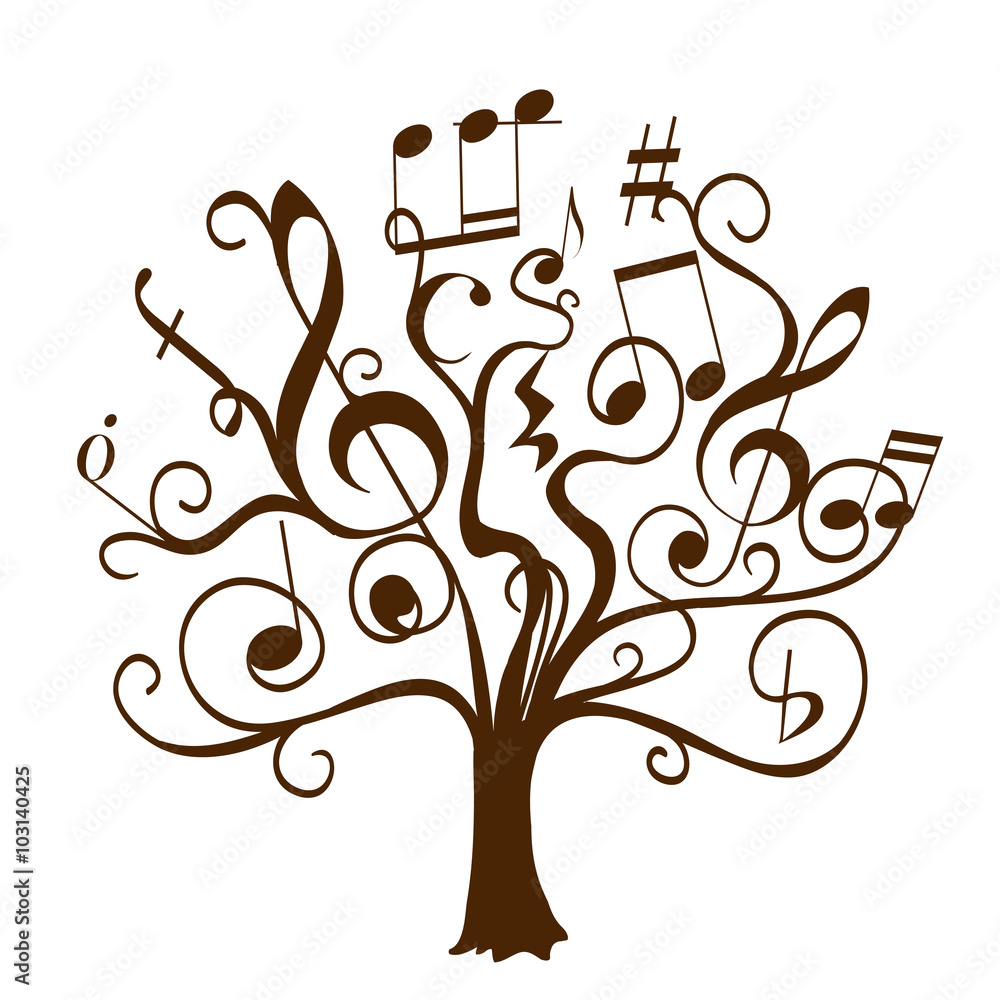 Naklejka premium hand drawn tree with curly twigs with musical notes and signs