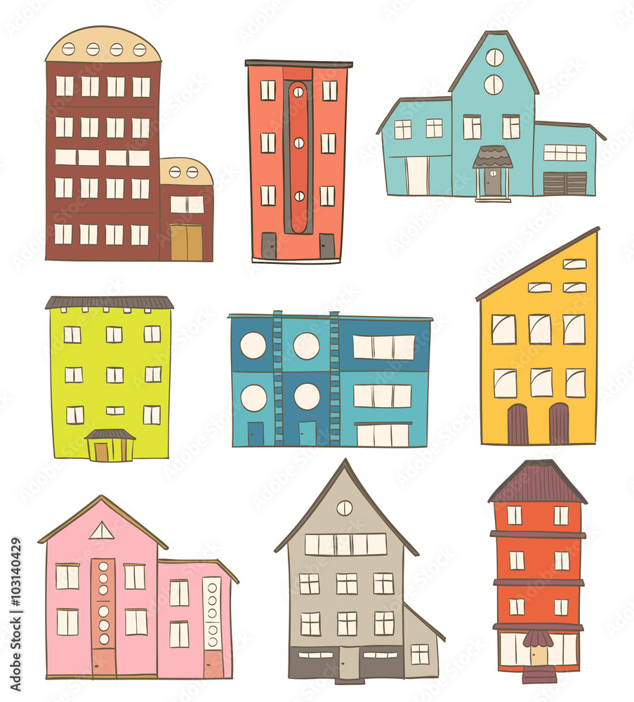set of cartoon houses. vector drawing of retro buildings 
