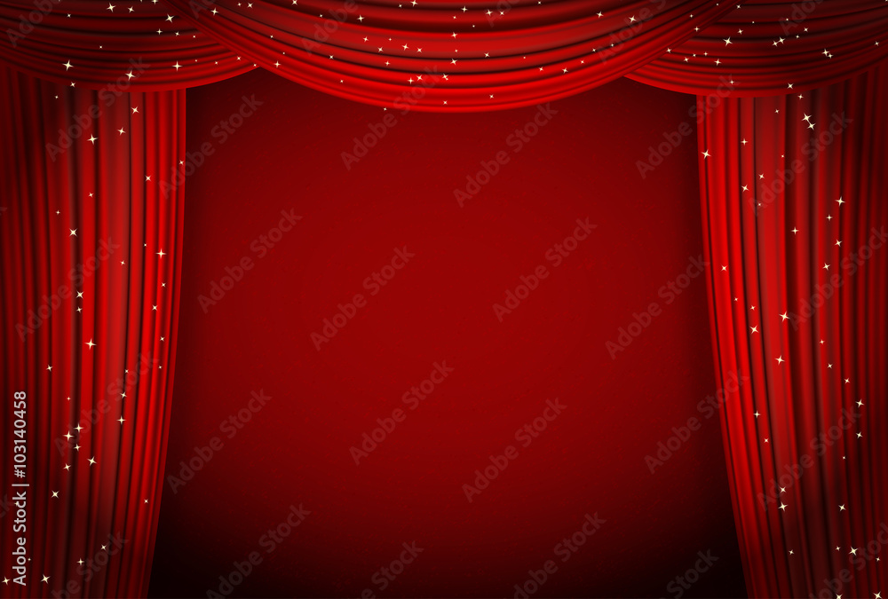 Obraz premium red curtains on red background with glittering stars.