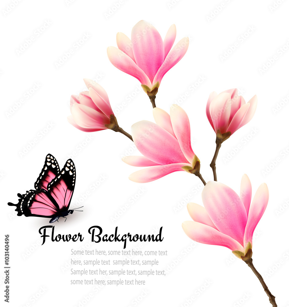 Naklejka premium Nature background with blossom branch of pink flowers and butter