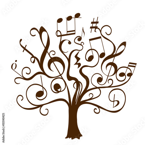 hand drawn tree with curly twigs with musical notes and signs