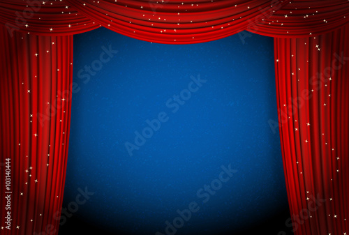 red open curtains on blue background with glittering stars
